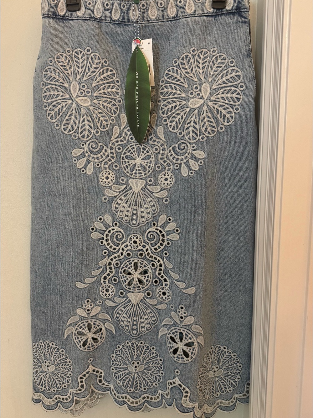 NWT Farm Rio Light Blue Embroidered Denim Midi Skirt
